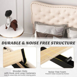King Size Bed Frame Wood Slat Bed Platform Upholstered Button Tufted Headboard - thumbnail 5