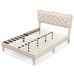 King Size Bed Frame Wood Slat Bed Platform Upholstered Button Tufted Headboard - thumbnail 1