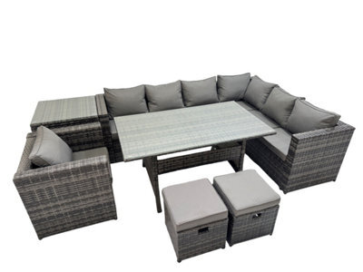 Fimous Rattan Garden Furniture Set Outdoor 9 Seater Patio Corner Sofa Sets With Table Chair 2 Small Stools Dark Grey Mixed - image 1