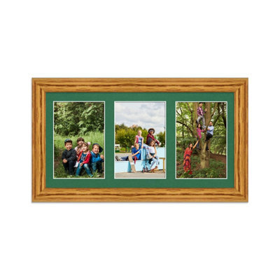 AK Frames 40X20Cm Oak Classic Multi Photo Frame With Emerald Mount - Holds 3 Apertures (3X) 6X4 Photos - image 1
