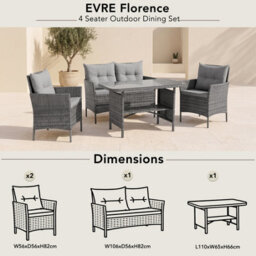 Evre Mixed Grey Florence 4 Seater Sofa Chair Garden Rattan Furniture Dining Outdoor Wicker Set With Thick Cushions & Glass Table - thumbnail 9