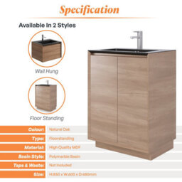 Plum&clay Matterhorn Oak Floor Standing Bathroom Vanity Unit With Black Basin (W)600mm (H)850mm - thumbnail 4