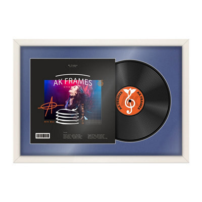 "AK Frames 25X17"" White Sleek Vinyl Record Frame With Blue Mount For 12 Inch Lp Cover & Disc - Overlapped Design" - image 1