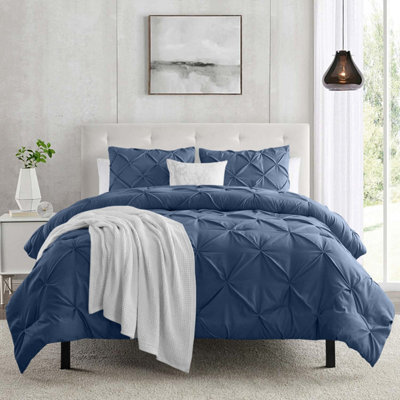 Ameha Pintuck Duvet Cover With Matching Pillowcase Pinch Pleat Diamond Design Navy King 230X220Cm Skin-Friendly Microfiber - image 1
