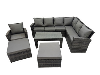 Fimous Rattan Garden Furniture Set 6 Pieces Outdoor Garden Sofa Oblong Coffee Table Set With Chair 2 Big Footstools - image 1