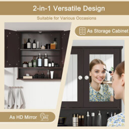 Costway Wooden Bathroom Mirror Cabinet Wall Mounted Medicine Cabinet-Brown - thumbnail 4