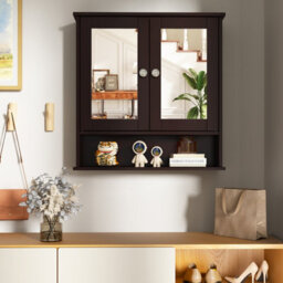 Costway Wooden Bathroom Mirror Cabinet Wall Mounted Medicine Cabinet-Brown