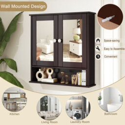 Costway Wooden Bathroom Mirror Cabinet Wall Mounted Medicine Cabinet-Brown - thumbnail 7