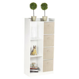 Urbn-Living Urbnliving Height 128Cm Tall Wooden White 7 Cube Bookcase With Beige Drawers Shelving Display Storage Unit Cabinet Shelves
