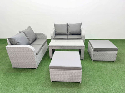 Fimous 6 Seater Outdoor Love Sofa Set Rattan Garden Furniture Set Oblong Coffee Table 2 Footstool Light Grey - image 1