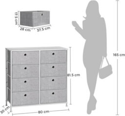 Songmics Chest Of Drawers, Storage Unit With 8 Fabric Drawers, Dresser, Organiser Unit, Tabletop, Light Grey And White - thumbnail 2