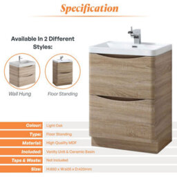 Plum&clay Eden Light Oak Floor Standing Vanity Unit With Ceramic Basin (W)600mm - thumbnail 6