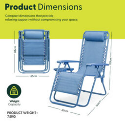 Keplin Standard Model Of Gravity Chair 110X65X90Cm, 2Pk Adjustable Reclining Zero Gravity Lounger For Garden & Patio, Blue - thumbnail 2