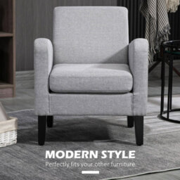 Homcom Modern Armchair Accent Chair With Rubber Wood Legs For Bedroom Light Grey - thumbnail 4