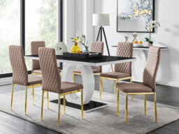Furniturebox Giovani Rectangular 6 Seat White High Gloss Unique Halo Dining Table Black Glass Top 6 Beige Faux Leather Gold Leg Milan Chairs