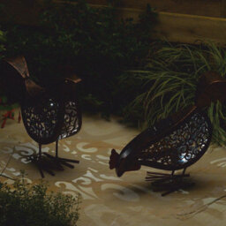 2 X Solar Powered Silhouette Hens - Handmade Metal Outdoor Garden Chicken Ornaments With Led Light & Scroll Effect Cut Out Detail - thumbnail 4