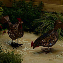 2 X Solar Powered Silhouette Hens - Handmade Metal Outdoor Garden Chicken Ornaments With Led Light & Scroll Effect Cut Out Detail - thumbnail 3