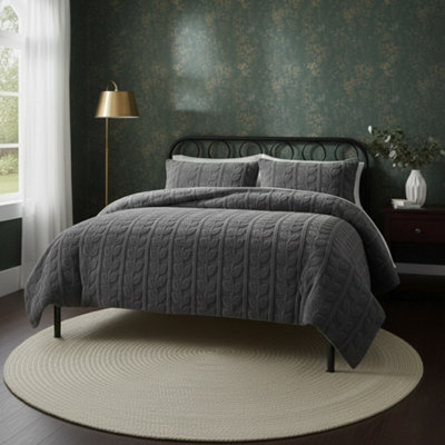 Ultra Soft Teddy Duvet Cover Set Leaves Embossed Cozy Fleece Bedding Grey - image 1