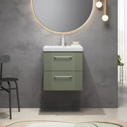 Balterley Belvide Partial Fluted 2 Drawer Wall Hung Vanity Unit With 1 Tap Hole Thin-Edge Basin- 500mm - Satin Green - thumbnail 2