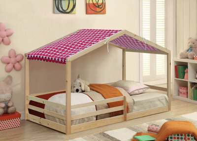Comfy Living 3Ft Wooden House Bed Natural With Pink Tent
