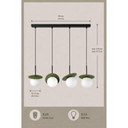 Luminosa Lighting Luminosa Aura Bar Pendant Ceiling Light Black, Green White Glass Shade 4X E27 - thumbnail 4