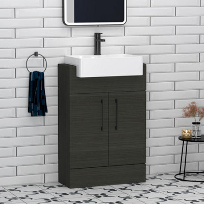 Royal Bathrooms Elena 600mm Charcoal Oak Floor Standing Bathroom Vanity Unit With 2 Door Black Handle & Semi Recessed Basin - image 1