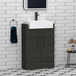 Royal Bathrooms Elena 600mm Charcoal Oak Floor Standing Bathroom Vanity Unit With 2 Door Black Handle & Semi Recessed Basin