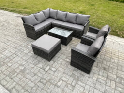 Fimous 9 Seater Rattan Garden Furniture Sets High Back Corner Sofa Rectangular Coffee Table Set With Big Footstool 2 Armchairs - thumbnail 1