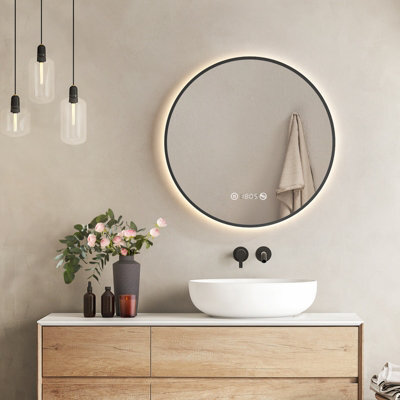 Emke Bathroom Mirror With Led Lights, 600mm Illuminated Backlit Black Border Mirror With Demister, Touch, Dimmable, Clock - image 1