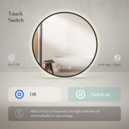 Emke Bathroom Mirror With Led Lights, 600mm Illuminated Backlit Black Border Mirror With Demister, Touch, Dimmable, Clock - thumbnail 3