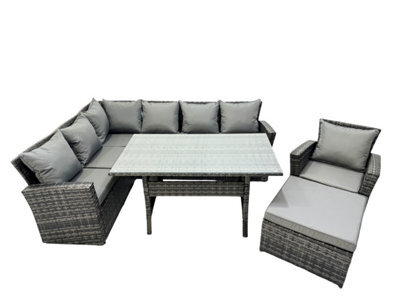 Fimous 8 Seater Garden Rattan Furniture Corner Dining Set With Big Footstool Indoor Outdoor Lounge Sofa Set Dark Grey Mixed - image 1