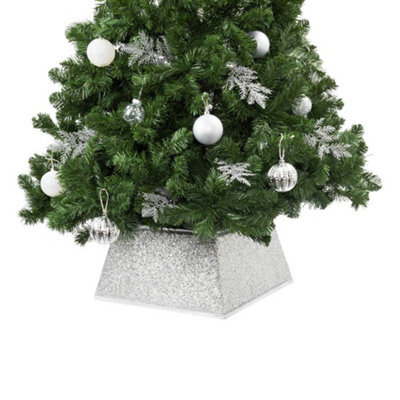 Christmas Village Silver Glitter Square Christmas Tree Skirt 48X48Cm Durable With Easy Assembly Secure Fit For Stands Up To 46Cm - image 1