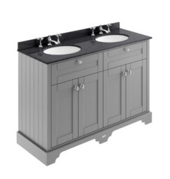 Hudson Reed Floor Standing Four Door Traditional Vanity Unit With 3 Tap Hole Black Marble Double Basin In Storm Grey, 1220 X 470mm