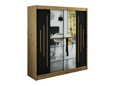 Arte Leto Y1 Contemporary Mirrored 2 Sliding Door Wardrobe 9 Shelves 2 Rails Black Matt And Oak Effect (H)2000mm (W)2000mm (D)620mm - image 1