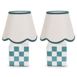 Valuelights Evie Pair Of - Forest Green Cube Checkered Base Ceramic Table Lamp With Scallop Tapered Shade - thumbnail 2