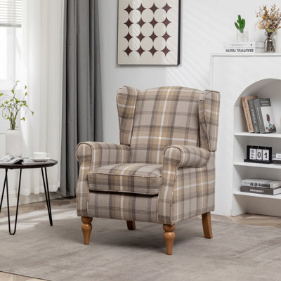 Wingback Tartan Armchair Soft Padded, Retro Check Leisure Chair Fabric Lounge - Brown - image 1
