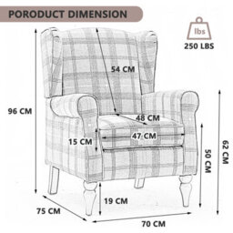 Wingback Tartan Armchair Soft Padded, Retro Check Leisure Chair Fabric Lounge - Brown - thumbnail 8