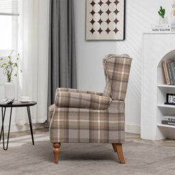 Wingback Tartan Armchair Soft Padded, Retro Check Leisure Chair Fabric Lounge - Brown - thumbnail 3