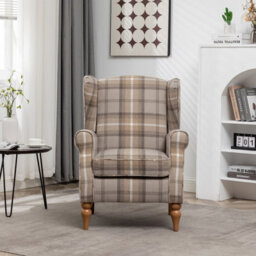 Wingback Tartan Armchair Soft Padded, Retro Check Leisure Chair Fabric Lounge - Brown - thumbnail 2