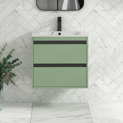 Royal Bathrooms Orion 600mm Mint Sage 2 Drawer Wall Hung Bathroom Vanity Unit With Carrara White Basin & Black Accent Trim - image 1