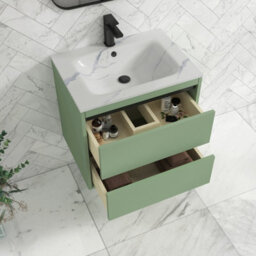 Royal Bathrooms Orion 600mm Mint Sage 2 Drawer Wall Hung Bathroom Vanity Unit With Carrara White Basin & Black Accent Trim - thumbnail 4