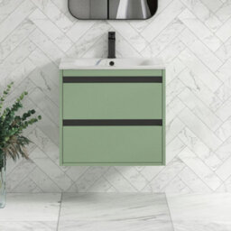 Royal Bathrooms Orion 600mm Mint Sage 2 Drawer Wall Hung Bathroom Vanity Unit With Carrara White Basin & Black Accent Trim - thumbnail 1