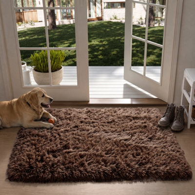 Oxford Homeware Shaggy Rug Anti-Slip Washable Soft Fluffy Living Room And Bedroom Rug (Brown, 50X80Cm) - image 1