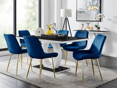 Furniturebox Giovani Rectangular 6 Seat White High Gloss Unique Halo Base Dining Table Black Glass Top 6 Navy Velvet Gold Leg Pesaro Chairs - image 1
