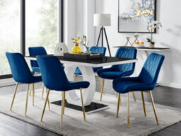 Furniturebox Giovani Rectangular 6 Seat White High Gloss Unique Halo Base Dining Table Black Glass Top 6 Navy Velvet Gold Leg Pesaro Chairs