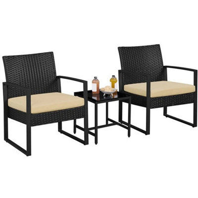 Black/khaki 3-Piece Rattan Patio Furniture Set Wicker Bistro Set Outdoor, 2 Chairs 1 Table - image 1