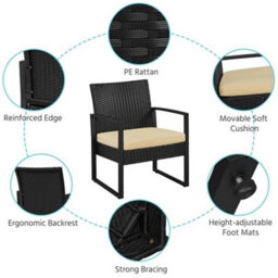 Black/khaki 3-Piece Rattan Patio Furniture Set Wicker Bistro Set Outdoor, 2 Chairs  1 Table - thumbnail 4