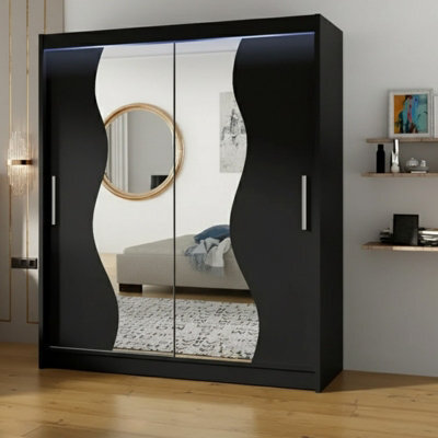 Mirrored Sliding Door Wardrobe Westa S Black With Rgb Led Lights - image 1