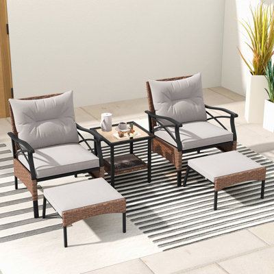 Costway 5 Piece Patio Furniture Set Outdoor Rattan Armchairs W/ Coffee Table & 2 Ottomans - image 1