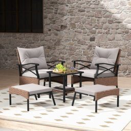 Costway 5 Piece Patio Furniture Set Outdoor Rattan Armchairs W/ Coffee Table & 2 Ottomans - thumbnail 5